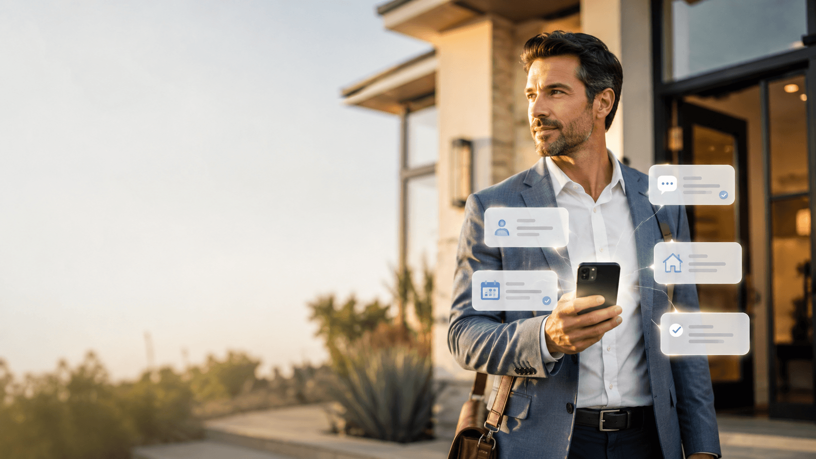 Real estate agent outside a home reviewing relationship guidance on a phone.